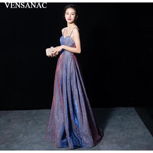 VENSANAC Sweetheart Sequined A Line Long Evening Dresses Spaghetti Straps Backless Party Prom Gowns