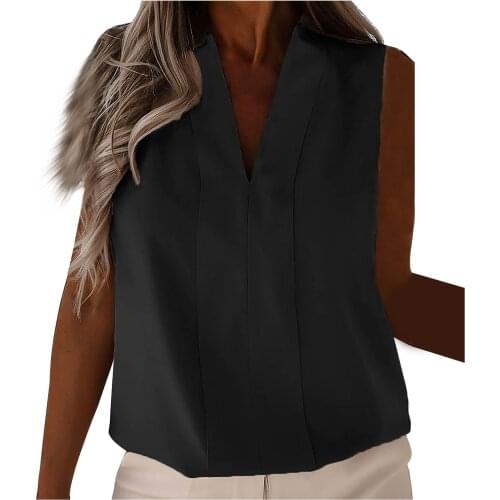 Elegent Womens Blouse Casual Slim Solid V-neck Sleeveless Chiffon Blouse Shirts Office Ladies Tops Vintage Formal Blusas