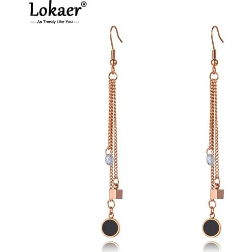Lokaer Titanium Stainless Steel CZ Crystal Geometry Tassel Earrings Rose Gold Fashion Acrylic Party Earrings For Women E20199