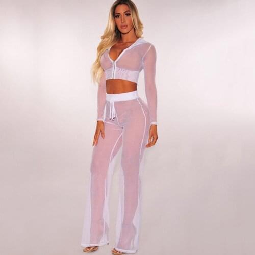 Womens Sexy 2 Piece Pants Sets 2018 CHEAPEST Transparent Hooded Summer Two Piece Set Women 3 Colors F0092