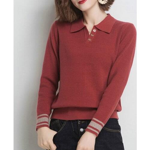2021 New Autumn Winter Women Knit Pullover Sweater Turndown Collar Solid Color Buttons Long-sleeved Sweater Female Tops Y168
