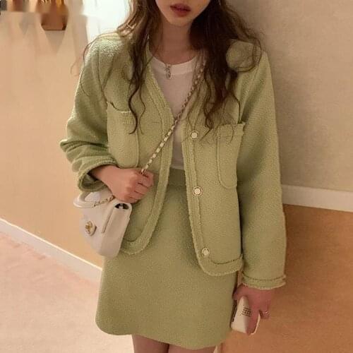 Autumn Tweed Two Piece Set Women Skirt Korean Fashion Long Sleeve Jacket + Mini Skirt Suits Ensemble Femme 2 Pieces Outfits