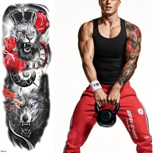 1Sheets Full Arm Temporary Tattoo Lion wolf Waterproof Full Arm and Half Arm Sleeves Body Tattoo Stickers