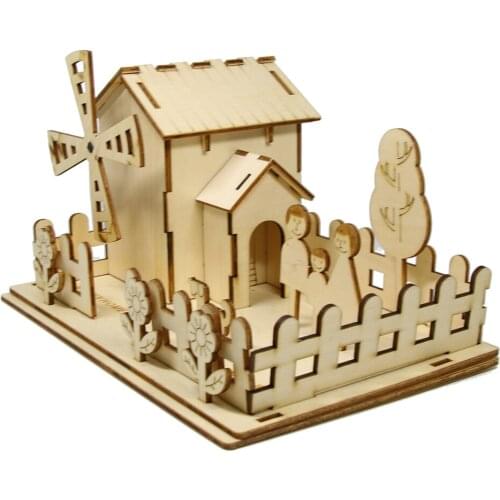 1Piece Solar Windmill House Wooden DIY Toys Eco-friendly DIY Assemble Toys Gifts For Children Table Decorative