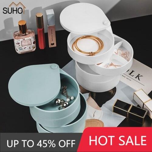 2021 4 Layers Rotatable Jewelry Storage Boxs Makeup Container Case Earring Necklace Simple Girl Plate Jewelry Organizer