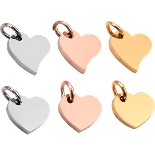 5Pcs/Lot Gold/Rose Gold Stainless Steel Blank Heart Dog Tag Charm 9*9mm Mirror Polished Pendant Necklace Jewelry Findings