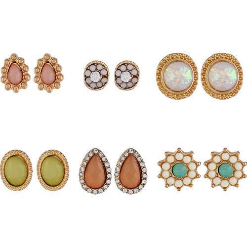 6 Pairs/Set New Arrival Round Oval Shaped Gold Color Alloy Resin Stud Earring Set For Women Flower Water Drop Ear Jewelry