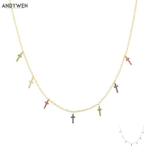 ANDYWEN 925 Sterling Silver Colorful Cross Charm Choker Long Chain Necklace 2021 Fashion Wedding Gift Luxury CZ Zircon Party