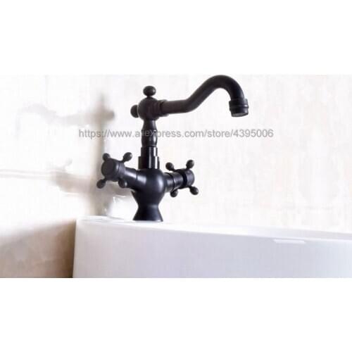 Black Oil Rubbed Brass Basin Faucet Bathroom Vessel Sink Mixer Tap Deck Mounted Dual Handle Hot Cold Water Mixer Bnf141