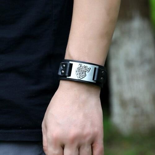 Dropshipping Retro Talisman Genuine Leather Bracelet Men Women Wolf Head Charm Male Wristband Amulet Viking Bracelets Gifts