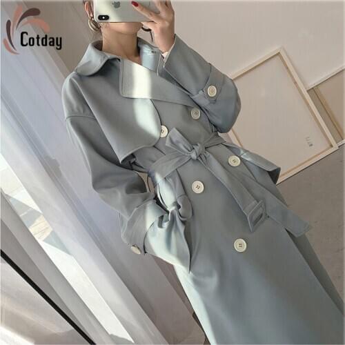 Cotday Double-breasted Women New Fashion Long Casual England Style Windbreaker Trench Belt Loose Lady Over The Knee Jacket Coat