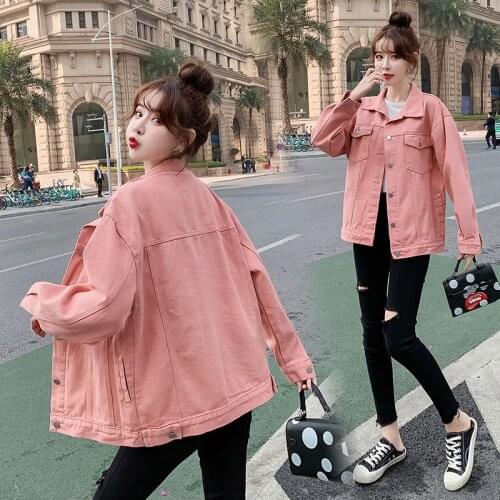 Harajuku Pink Denim Jacket Women Spring Autumn Turn-down Collar Single Breasted Basic Outerwear Casual Vintage Jeans Short Coat