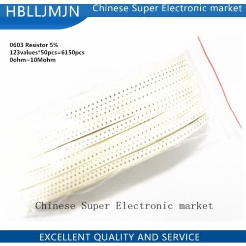 SMD 1608 (0603). Resistor Kit 5% 123values*50pcs=6150pcs 0ohm~10Mohm chip Resistor Assorted Samples kit