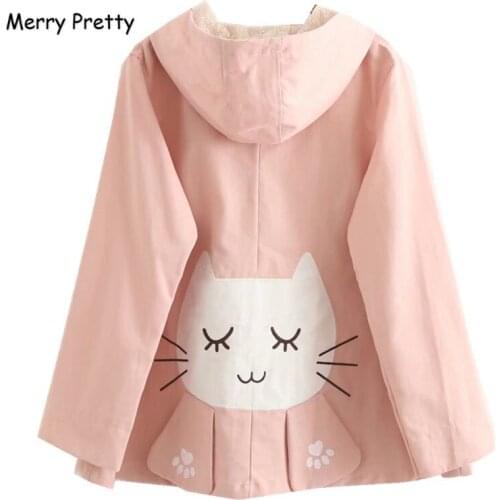 Merry Pretty Spring Autumn Jackets Women Causal Hooded Fish EmBroidery Girls Pink Jacket Thin Outerwear Sweet Cat Coat Female