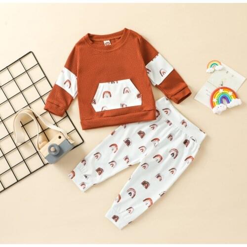 2Pcs Fashion Kids Spring Fall Tracksuit Rainbow Print Long Sleeves Tops Sweatshirt+Elastic Waist Pants Set for Little Boys Girls