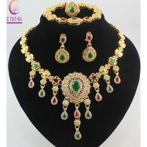 Fashion African Beads Red/Green Gem Stone Rhinestone Costume Fine Jewelry Sets Gold color Crystal Women Wedding Party Set