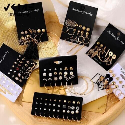 VKME Vintage Gold Geometric Round Earrings Set For Women Fashion Twist Pearl Earring Hollow Square Earrings Jewelry Gifts