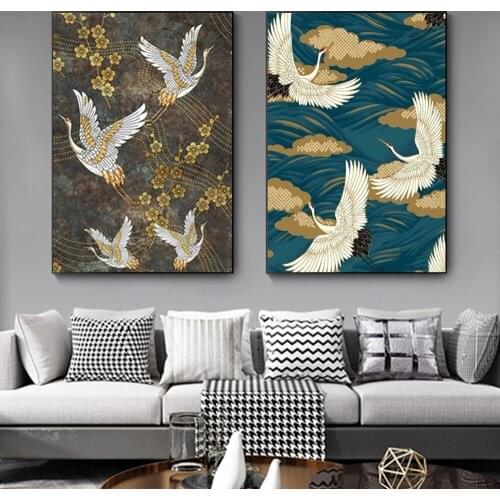 Chinese Style Crane and Clouds Abstract Art Bird Posters and Prints Wall Art Picture for Living Room Decoration Canvas Painting
