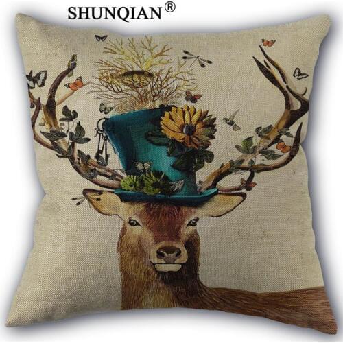 Deer painting Pillowcase Custom Cotton Linen Square Decorative Pillow Cases Cover Zippered 45x45cm one side