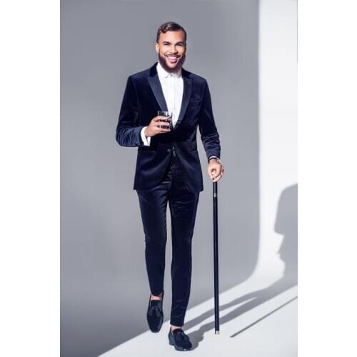 Latest Coat Pant Design Navy Blue Velvet Men Suit Formal Slim Fit Tuxedo 2 Piece Blazer Custom Prom Party Suits Terno Masculino