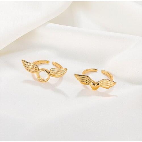 Creative Hollow Out Geometric Heart-shaped Ring Fashion Angel Wings Gold Opening Ring Romantic Women Jewelry Gift