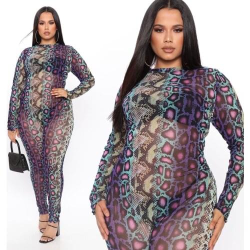 Autumn European and American plus size womens hot sale new snake print print hip-fitting casual jumpsuit