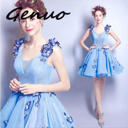 Elegant Women Sky Blue V-neck 3D Butterfly Pleated Ball Gown Party Dresses Women Formal Dress Gowns Vestidos