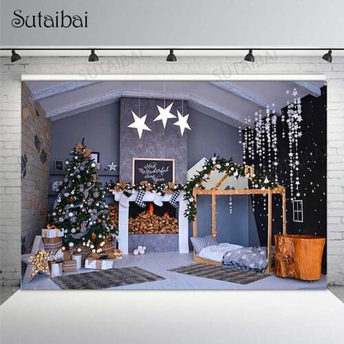 Merry Christmas Backdrop Winter Fireplace Xmas Tree Stars Bell Gift Purple Kids Baby Photography Background Photo Studio Props