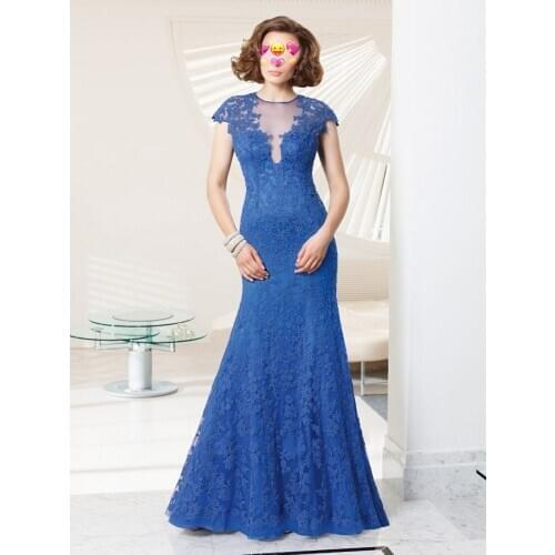 Blue Lace Mother Dresses Keyhole Evening Dresses For Weddings vestido de festa para mae da noiva Dress for Women Gray Sheer Neck