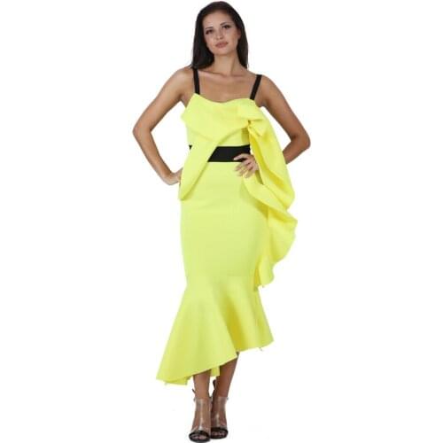 Stylish Mermaid Ruffle Dress Space Cotton Asymmetric Hem Irregular Spaghetti Strap Scuba Waist Tied Bodycon Cocktail Midi Dress