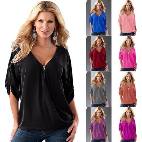 Spring and Summer Women Chiffon Blouse Female V-neck Zipper Half Sleeve Loose Top Shirt Plus Size S-5XL