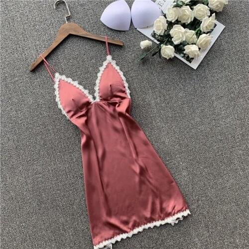 Sexy Women Silk Nightgown Summer Dress Lace Night Dress Sleepwear Nightie Satin Homewear Chest Pad Nightwear