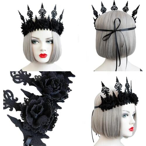 Lady Queen Head Wreath Vintage Gothic Black Crown Roses Tiara Headband Halloween Party Masquerade Cosplay Accessory