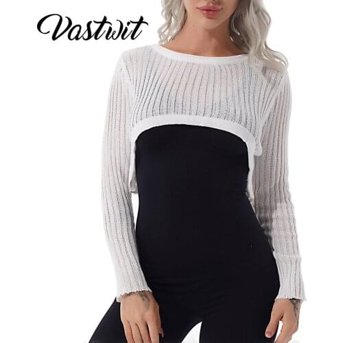 Women See Through Long Sleeve Ribbed Crop Top T-shirts Knitwear Knitted Pullover Loose Fit