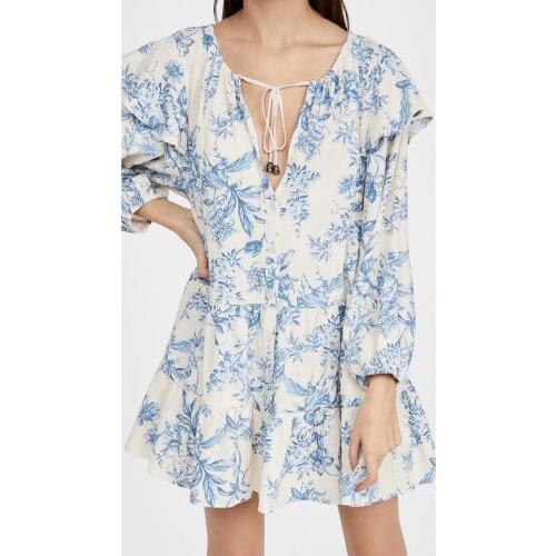 Jastie Floral Print Summer Women Dresses V-Neck Chest Lace-Up Long Sleeve Ruffle Hem Loose Mini Skirt Bohemian Beach Vestidos