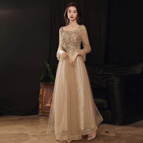 New Square Collar Evening Dress Full Sleeve A-Line Floor-Length Elegant Sequins Pleat Lace Up Tulle Woman Formal Party Gown A542