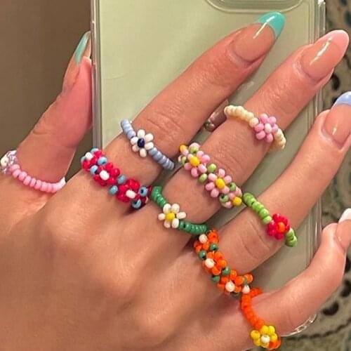 90S Aesthetic Rainbow Flower Rings for Women Elastic Rope Vintage Harajuku Nostalgic Bead Ring Charms Y2K Jewelry 90s Aesthetic