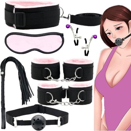 7 PCS Leather BDSM Kits Plush Sex Bondage Set Handcuffs Sex Games Whip Gag Nipple Clamps Sex Toys For Couples Exotic Accessories