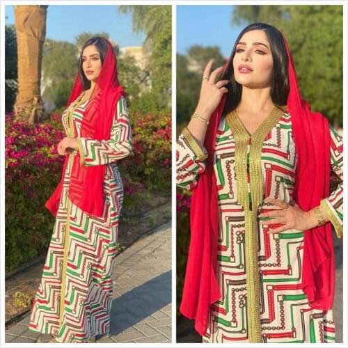 AB050 Veiled Female Dress Abaya Red Muslim Headscarf Arabic Clothing World Apparel Store Hijab Woman Eid Ramadan Jalabiya Turban