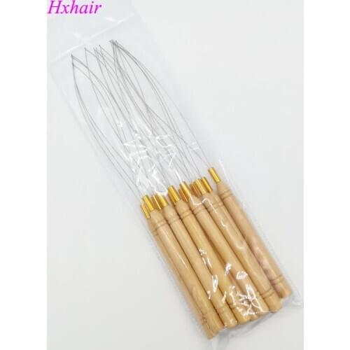Freeshipping - 50pcs Wooden Handle Threader / Stainless Steel Wire / Pulling Micro Rings / Loop Hair Extension Tools