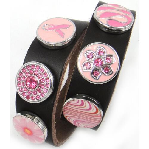 Free shipping pink Leather with fuchsia tone double Wrap Bracelet rhinestone metal button leather Bracelet