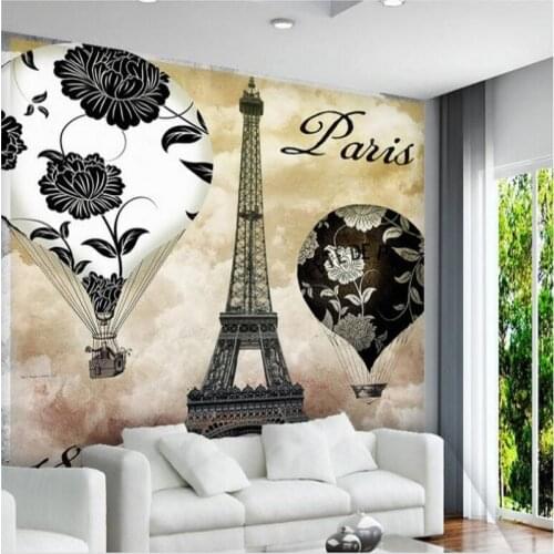 Beibehang big fresco retro vintage black and white flower pattern Hot Air Balloon Eiffel Tower Oil Painting Background Wallpaper