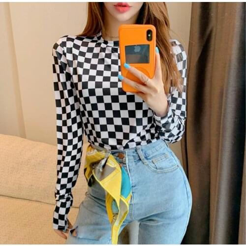 Black white plaid bottoming women autumn slim thin mesh o-neck long sleeve t-shirt