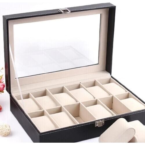 10-Slot Watch Box Holder With Glass Lid Removable Watch Pillow, Metal Clasp