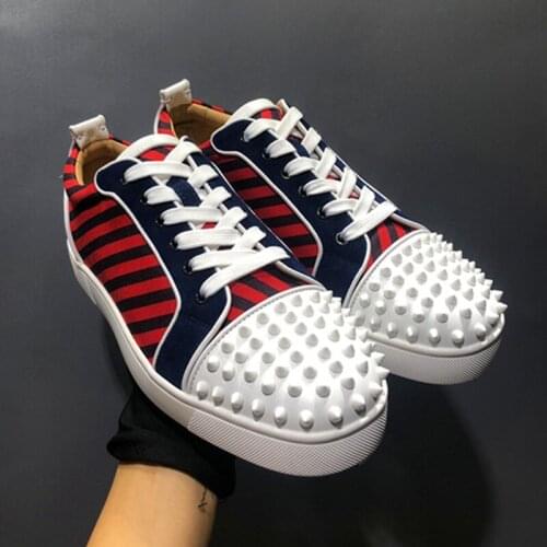 Rivets Men Casual Canvas Shoes Lace-up Spring Autumn Breathable Red Bottom White Net Flat Round Toe Stripe Comfortable Sneakers