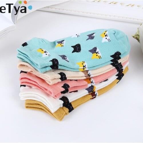 ETya Cartoon Cute Animal Women Cotton Socks Female Cat Summer Autumnn Ankle Socks Casual Soft Boat Socks