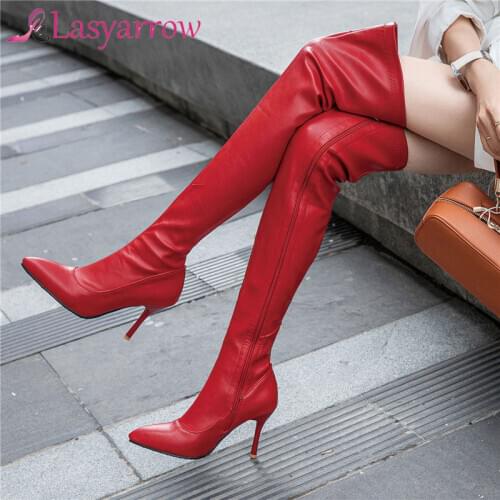 Lasyarrow Stretch Over the Knee Boots Women Stiletto Thin High Heels White Thigh High Boots Zipper Woman Point Toe Party Shoes