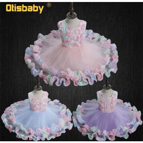 Summer Style 2-10 Year Girl Sleeveless Rainbow 3D Flowers Ruffle Dress Child Voile Ball Gown Kids Holiday Birthday Party Dresses