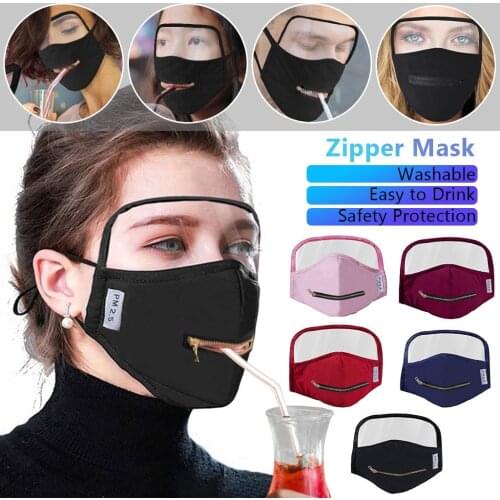 Adult Reusable Face Mask With Zipper Shiled Protection Cotton Fabric Masks For Women Men Drinking Mask Decoration