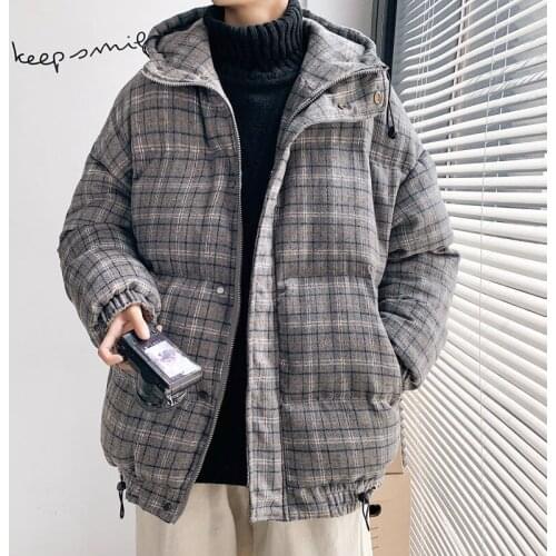 Mens Plaid Hooded Parkas 2021 Winter Men Casual Loose Thicken Zipper Woman Streetwear Hip Hop Fashion Clothes